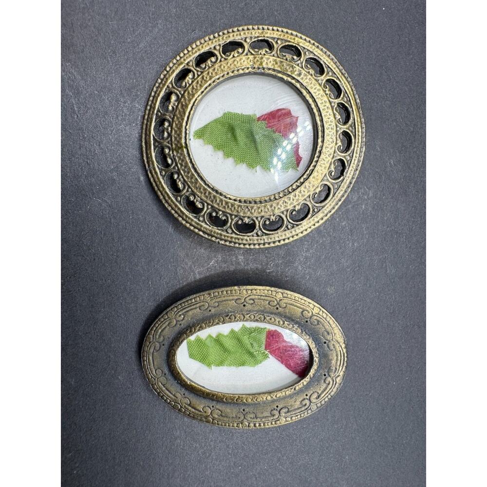 Antique Victorian Mourning Pins w/ Black & White Picture & Family Cloth Lot of 2